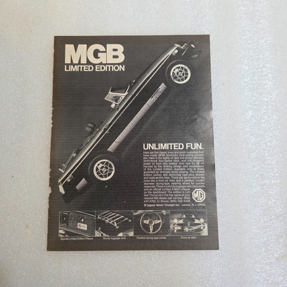 Vintage 1979 MGB Limited Edition Convertible Car Print Ad B&W 8x10.5 Original